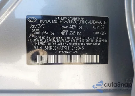 2017 Hyundai Sonata z USA, uszkodzony, nr VIN 5NPE24AF9HH546045